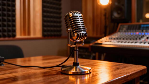 Vintage style silver microphone resting on a reflective dark wooden table with an illuminated mixing console and acoustic panels in the background. photo