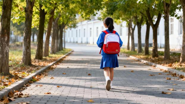 Primary student wearing blue school uniform and red backpack walking along paved path lined with deciduous green trees in autumn light. photo