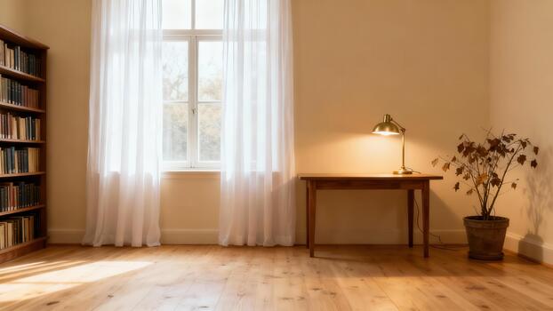 Brightly lit study featuring sheer white window curtains, wood floorboards, a bookshelf packed with books, and a desk lamp illuminating a wooden table. photo