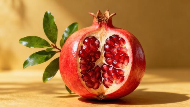 Ripe red pomegranate fruit sliced open showing the interior ruby arils and fresh green leaves illuminated by bright sunshine. photo