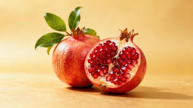 Red pomegranate fruit with green leaves displayed beside a half section revealing juicy ruby arils against a golden backdrop. photo