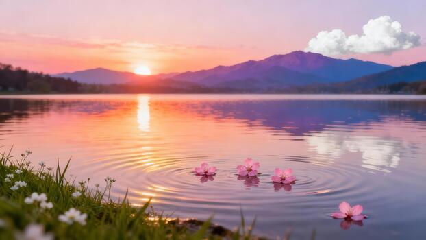 Pink blossoms float on tranquil water creating ripples against a colorful mountain sunset reflection. photo