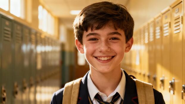 Confident school student wearing a formal uniform and tan backpack smiles brightly while standing in a warmly lit hallway lined with yellow lockers. photo