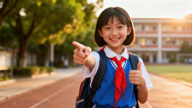 Smiling Chinese student in school uniform with a red scarf pointing forward and showing thumbs up outside the school building during golden hour. photo