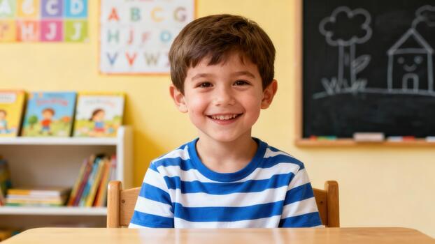 Smiling brown-haired elementary school child sitting at a wooden desk in a primary classroom setting against a yellow wall and chalkboard. photo