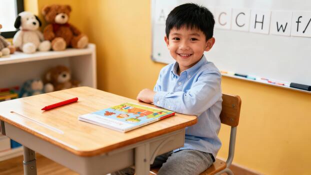 Happy Asian elementary student sitting at a wooden desk with a red crayon and workbook, learning in a bright classroom. photo