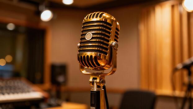 Polished golden vintage-style microphone positioned prominently inside a dimly lit professional music recording . photo