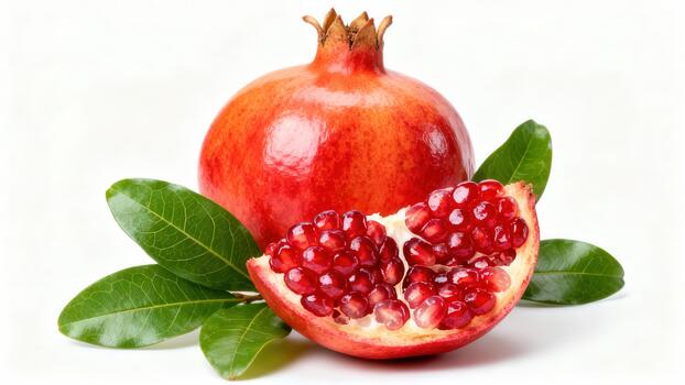 Ripe whole red pomegranate fruit and quarter wedge showing ruby arils, resting against fresh green leaves on a bright white background. photo
