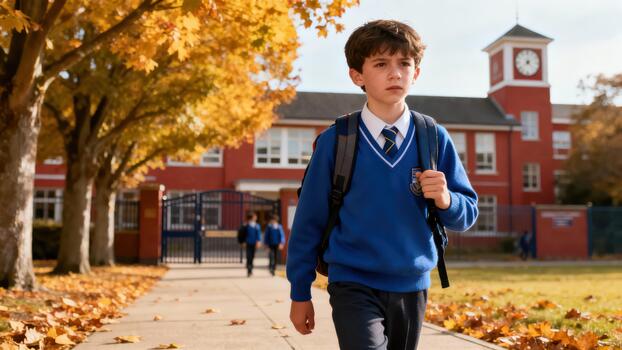 Elementary school boy wearing a blue sweater and tie walks along a tree-lined pathway toward the red brick school building with a clock tower during autumn. photo