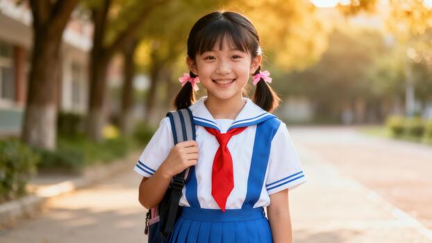 Smiling elementary age schoolgirl wearing a white and blue sailor uniform standing on a sunny campus path during golden hour. photo