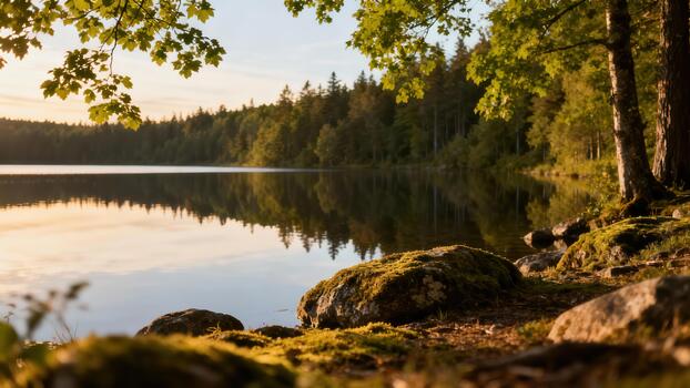 Warm golden hour light reflecting dense forest trees on the still surface of a quiet lake, framed by green maple leaves and mossy foreground rocks. photo