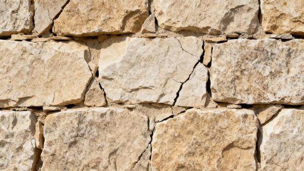 Rough textured architectural wall constructed from irregularly shaped natural beige limestone blocks and visible mortar joints. photo