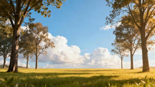 Expansive green and golden field bordered by large deciduous trees under a bright blue sky filled with puffy cumulus clouds. photo