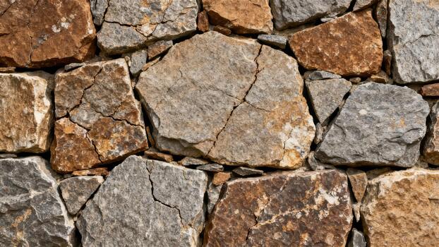 Rugged pattern of irregularly shaped brown and gray natural stones creating a rustic textured wall background. photo