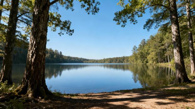 Tranquil blue lake water reflecting dense green forest trees and clear azure sky framed by large textured tree trunks on the shore. photo