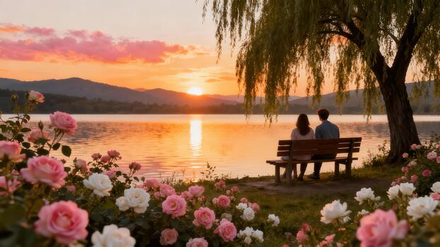 Couple seated on a wooden bench under weeping willow tree branches watching the peaceful golden sunset over the tranquil lake, framed by pink and white garden roses. photo