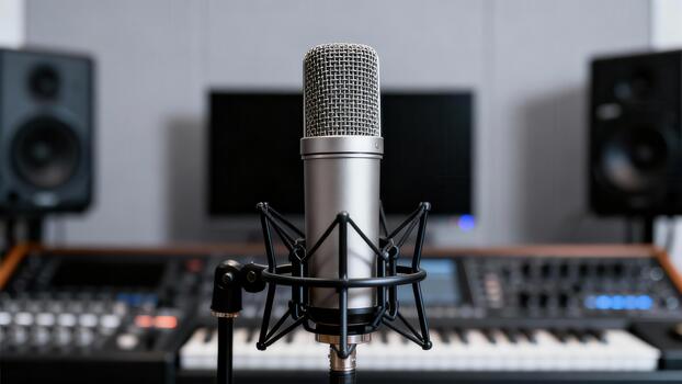 Professional large diaphragm condenser microphone positioned in focus inside a music recording environment with mixing keyboard. photo