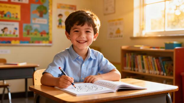 Smiling elementary age male student drawing with a pencil in a coloring book at a wooden desk in a sunny classroom. photo