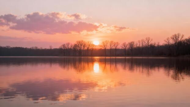 Glowing orange sun setting behind a row of bare deciduous trees reflecting vibrant pink and mauve light onto still lake water. photo