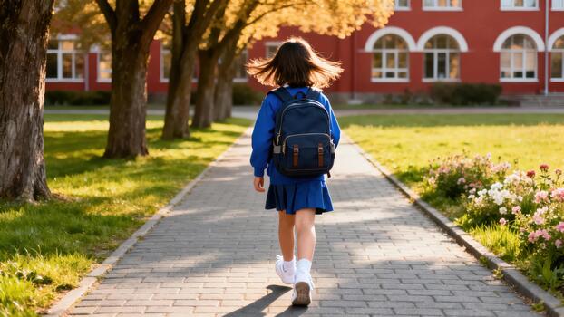 Elementary school student wearing a blue uniform walks away from the camera on a brick path toward a large red school building lined with autumn trees. photo