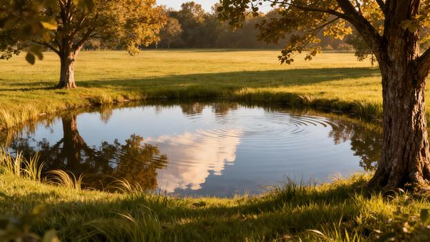 Tranquil pond reflecting bright clouds, framed by two large trees with golden autumn leaves in a grassy meadow under evening light. photo