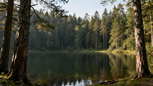 Dark calm lake surrounded by dense green coniferous woodland framed by textured pine tree trunks. photo