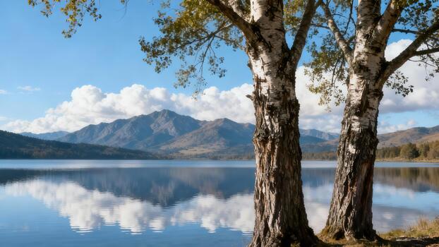 White-barked birch trees frame a serene mountain lake reflecting cumulus clouds and distant autumn hills under clear blue sky. photo