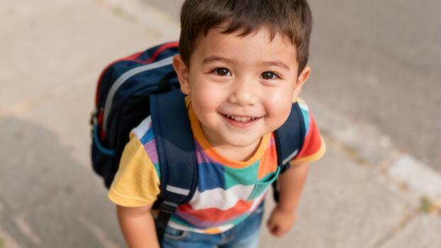 Smiling toddler boy wearing multicolored striped shirt and blue backpack standing on pavement, looking happily toward the high angle camera view. photo