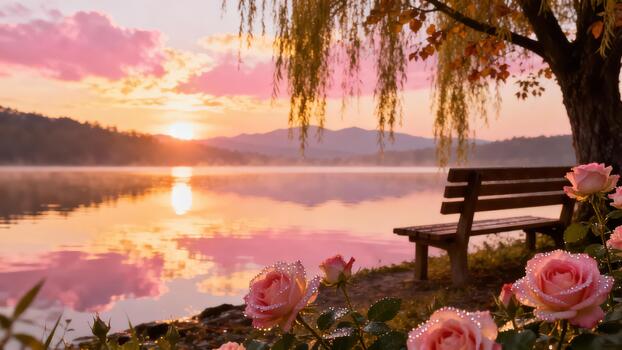 Dew covered light pink roses frame a rustic wooden bench next to a tranquil lake reflecting the orange and magenta sunrise sky. photo