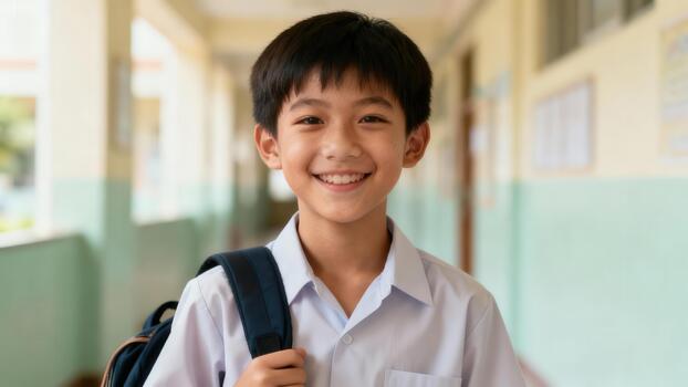 Joyful East Asian student with a dark backpack smiles widely while standing in a brightly lit school hallway ready for class. photo