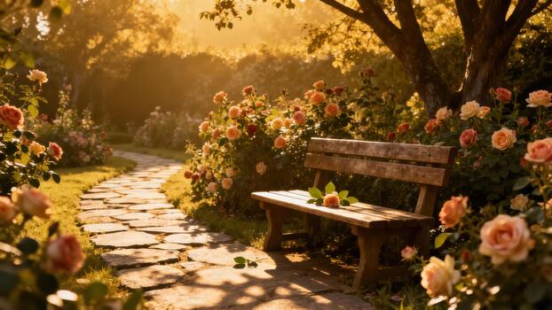 Rustic wooden bench illuminated by golden hour sunlight, situated along a stone path bordered by plentiful blooming peach and apricot roses. photo