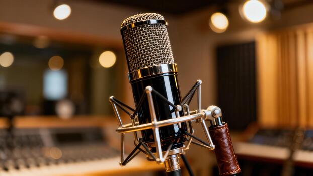 Professional black and silver condenser microphone mounted inside a warm music recording booth with bokeh background. photo