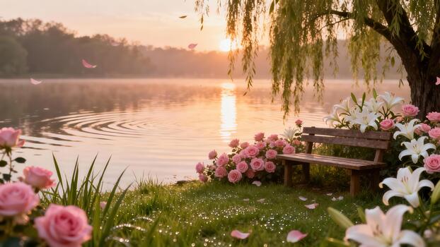 Wooden park bench surrounded by abundant pink roses and white lilies beside a foggy lake at tranquil sunrise, framed by weeping willow branches. photo