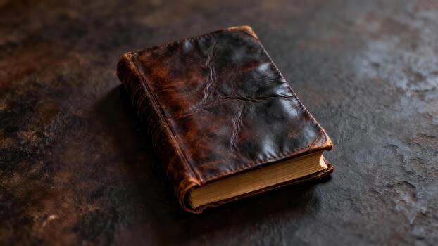 Distressed antique brown leather bound book lying closed on a dark, textured background illuminated by soft directional light. photo