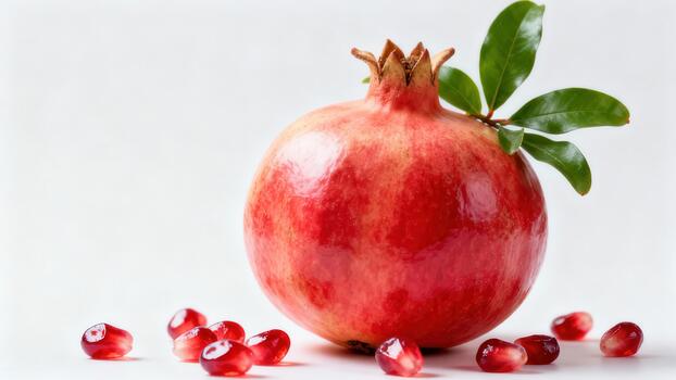 Fresh ripe red pomegranate fruit displaying its crown and green leaves, surrounded by bright ruby seeds on a white surface. photo
