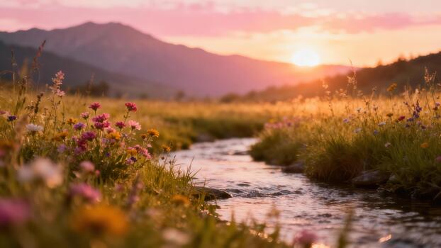Sun setting over distant mountains illuminates a meadow of colorful wildflowers bordering a winding creek. photo