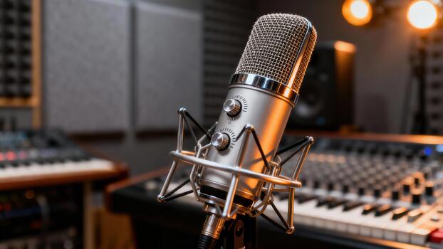 condenser microphone captures sound near a digital mixing console and musical keyboard in warm light. photo