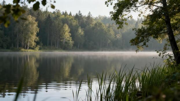 Still surface of forest lake reflecting mixed evergreen and birch trees covered by ethereal morning mist. photo