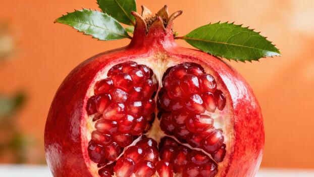 Ripe red pomegranate fruit cut open, revealing shining ruby arils and vibrant green leaves against a soft orange background. photo