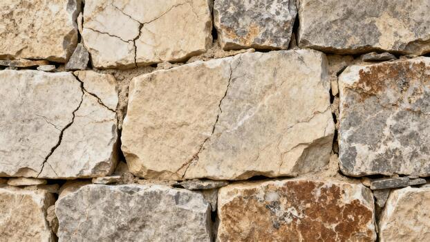 Dry stacked limestone block wall background featuring rustic irregular rough texture and deep cracks across the surface. photo