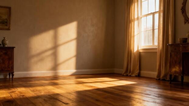 Golden afternoon light casting a distinct window grid shadow across the polished wooden floor and textured beige wall of this empty vintage room. photo