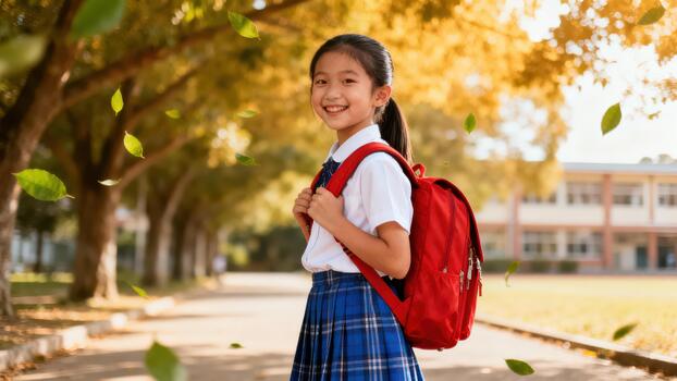 Happy Asian elementary student in school uniform carrying a red backpack walks down a tree-lined lane during sunny autumn weather. photo