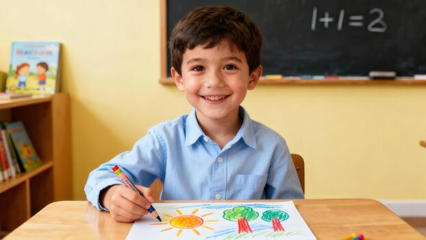 Smiling primary school student wearing a blue shirt drawing with crayons at his desk inside a classroom with a chalkboard displaying arithmetic. photo