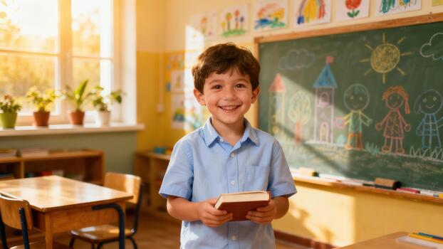 Smiling young male student holds a reddish textbook while standing inside a brightly lit classroom near a colorful chalk drawing on a green chalkboard. photo