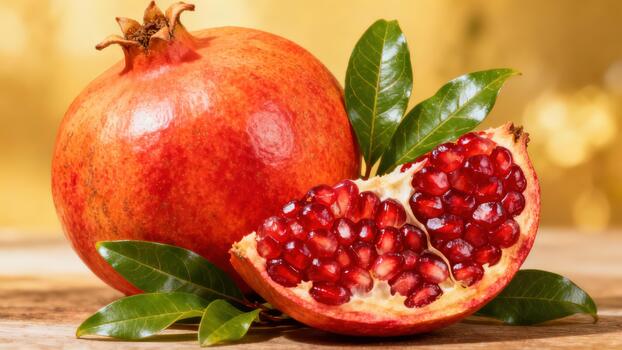 Ripe whole pomegranate and sliced quarter revealing vibrant ruby red arils, complemented by green leaves on a wood table. photo