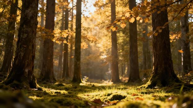 Warm sunlight rays stream through the yellow autumn leaves and tall tree trunks, dramatically illuminating the green mossy forest ground. photo