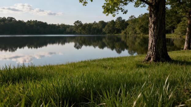 Tranquil freshwater lake reflecting dense green forest under slightly cloudy blue sky, featuring tall lush grass and a thick tree trunk in the foreground. photo