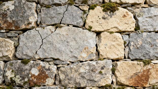 Envejecido irregular caliza Roca pared textura presentando variado gris y beige bloques cubierto en verde musgo y blanco liquen, destacando un grande grieta. foto