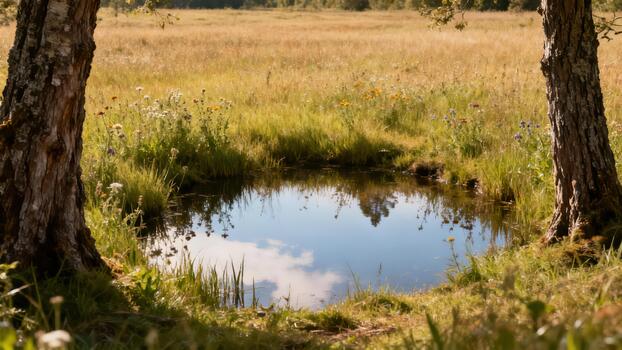 Natural meadow pond framed by twin birch tree trunks reflecting the blue sky and clouds in golden sunlight. photo