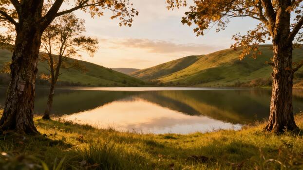 Tranquil sunset reflection across still lake water framed by thick trunked trees and rolling emerald hills under a soft golden sky. photo